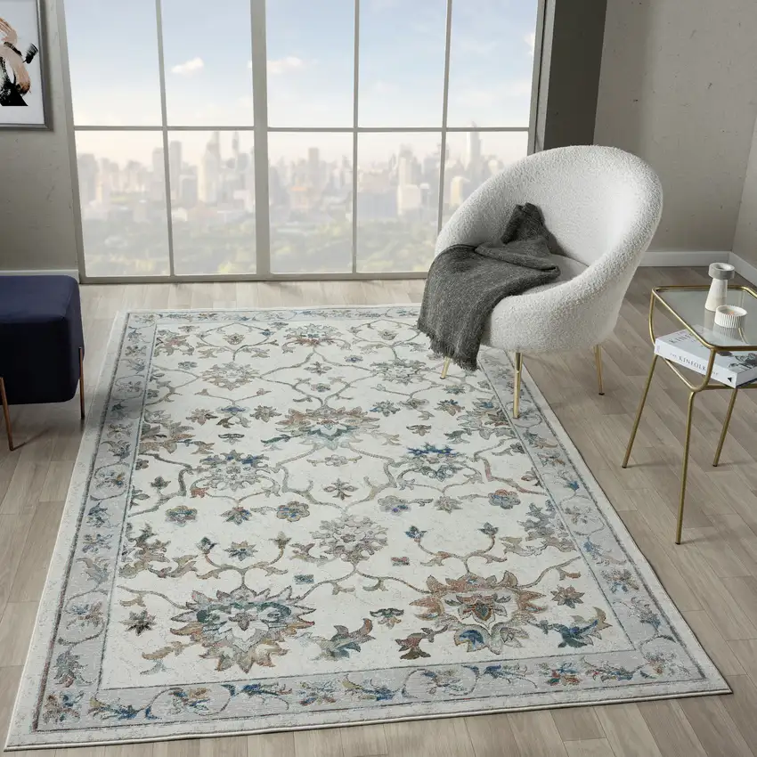 9' Blue And Beige Floral Runner Rug Photo 4
