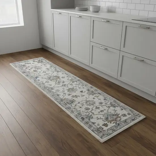 9' Blue And Beige Floral Runner Rug Photo 1