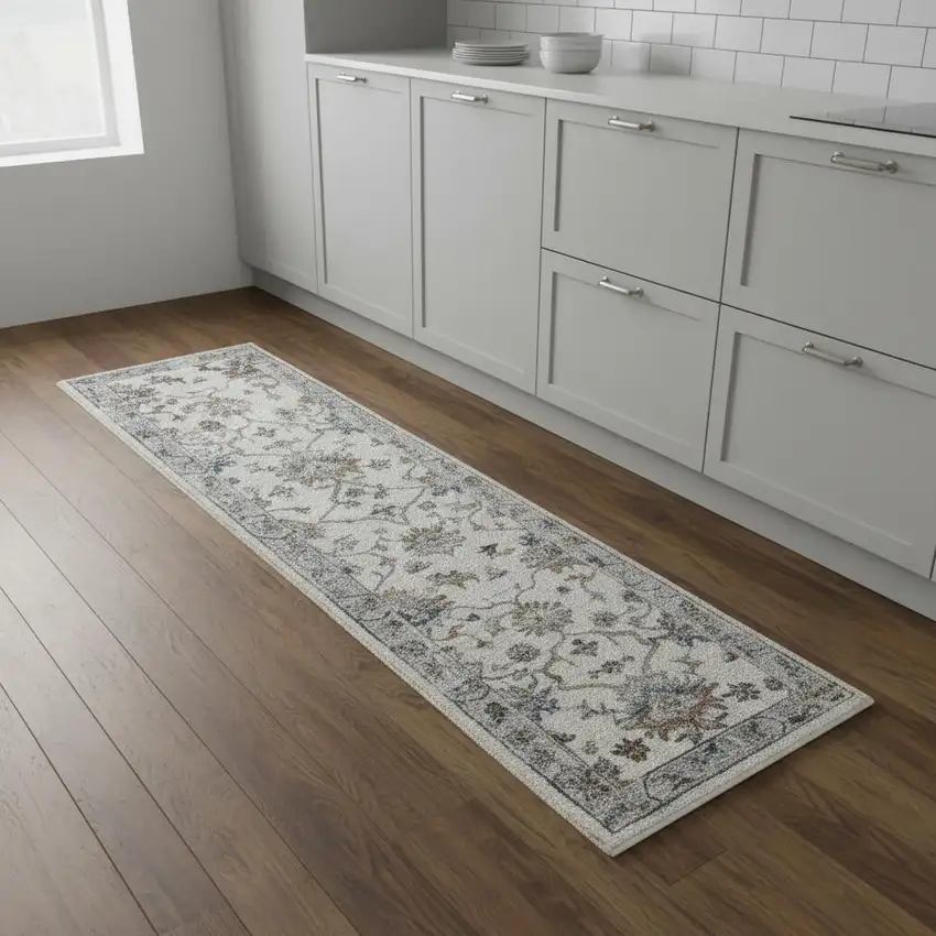 9' Blue And Beige Floral Runner Rug Photo 1