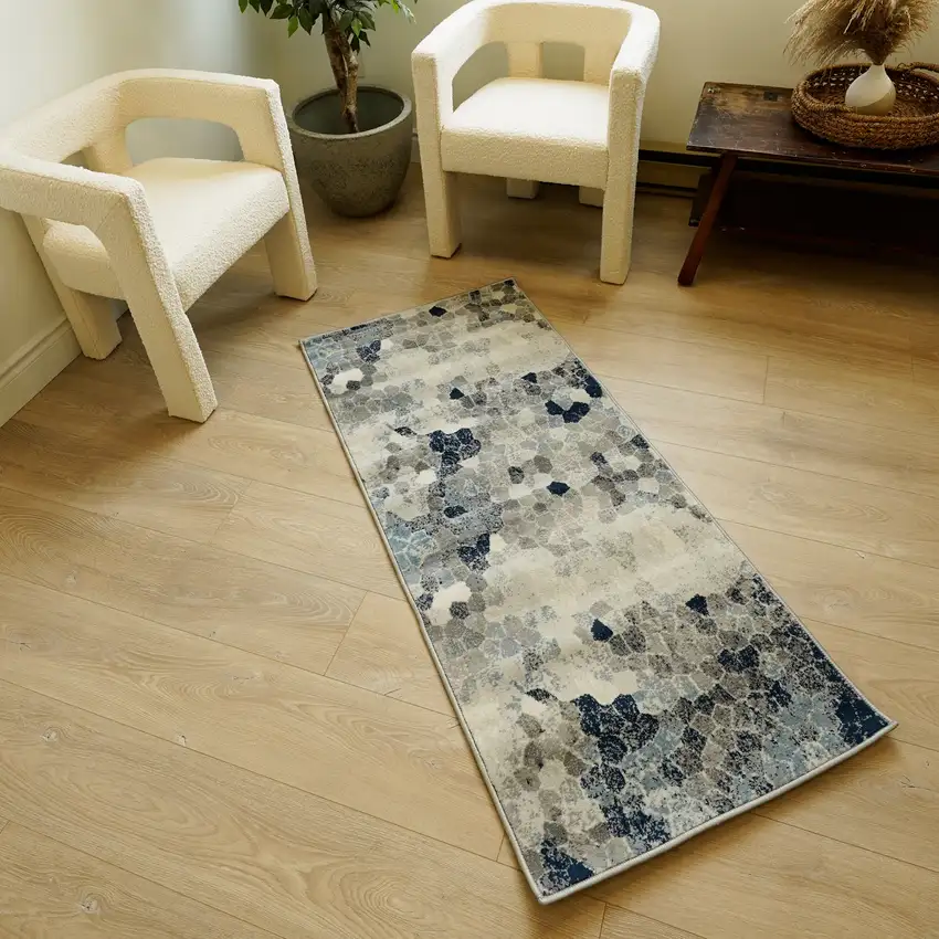 12' Blue And Beige Geometric Runner Rug Photo 6