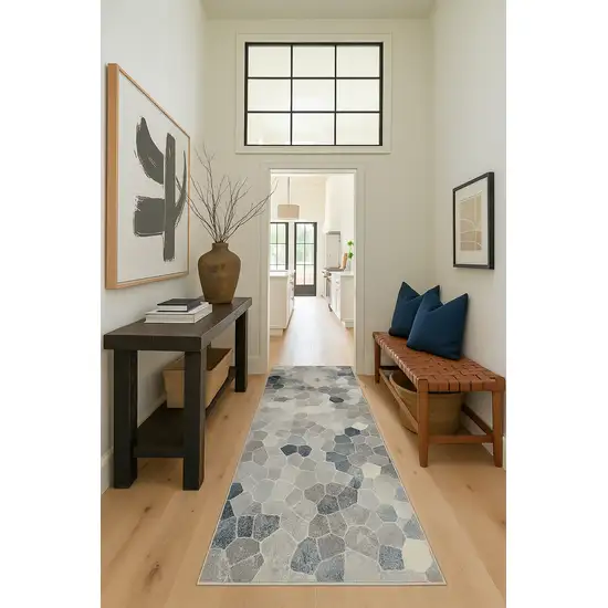 12' Blue And Beige Geometric Runner Rug Photo 4