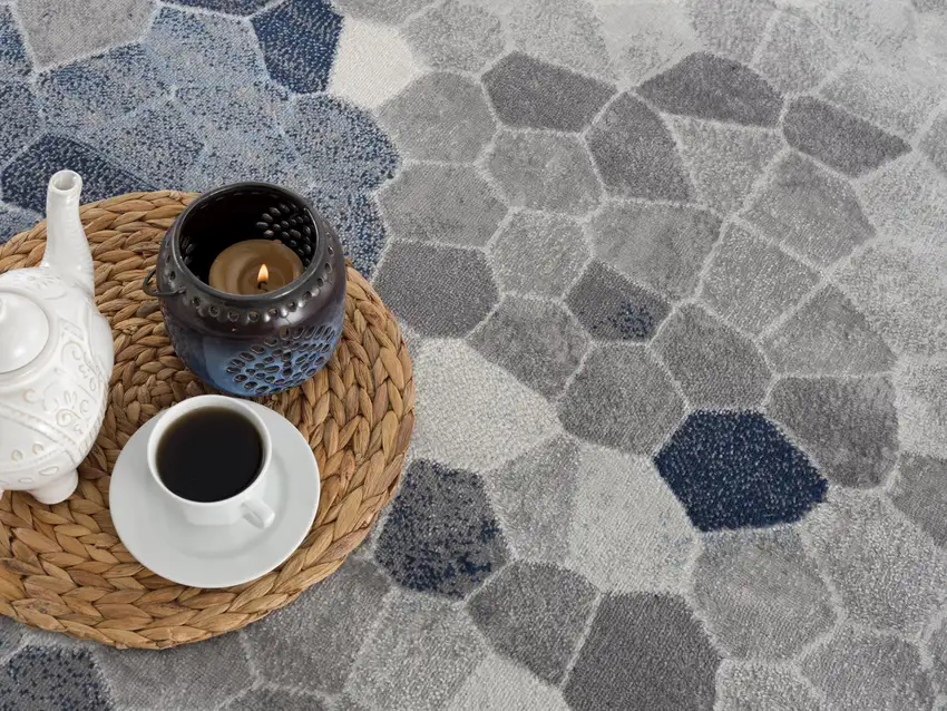 12' Blue And Beige Geometric Runner Rug Photo 7