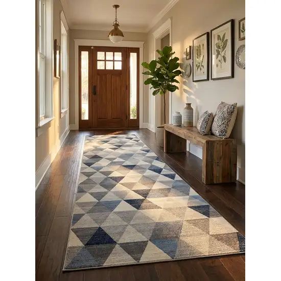 12' Blue And Beige Geometric Runner Rug Photo 9