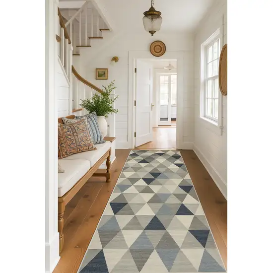 12' Blue And Beige Geometric Runner Rug Photo 6