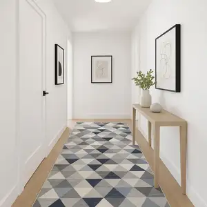 Photo of 12' Blue And Beige Geometric Runner Rug