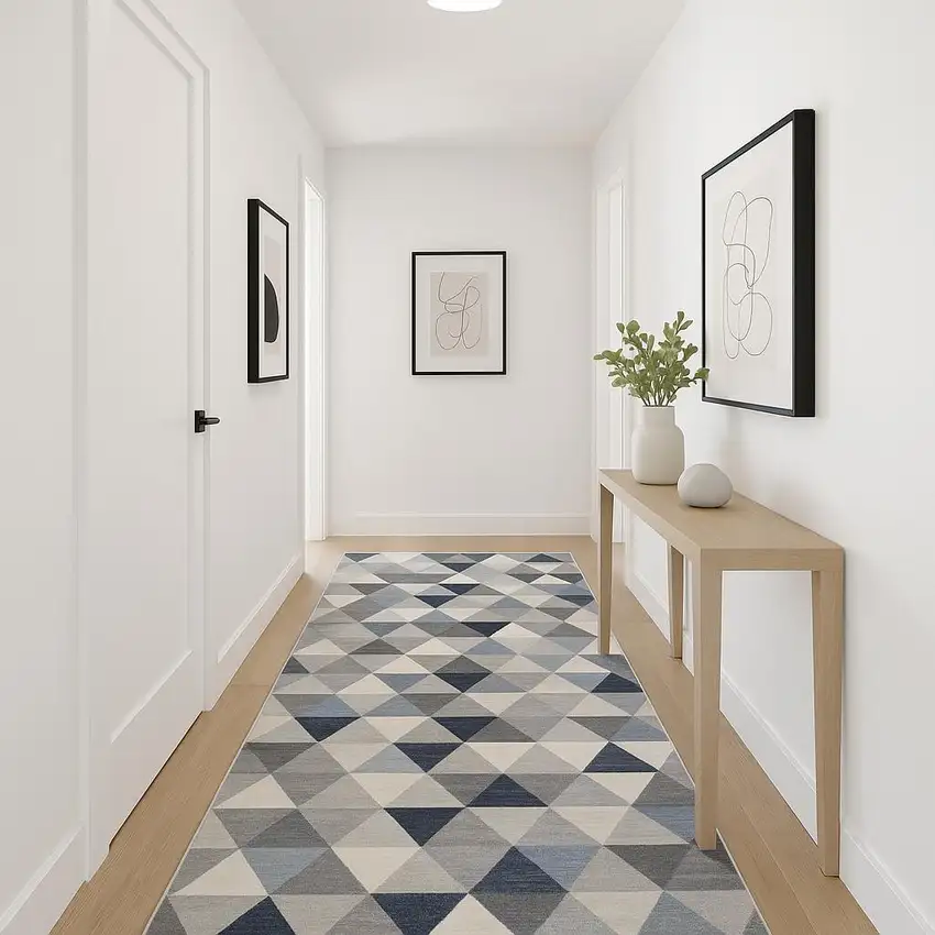 12' Blue And Beige Geometric Runner Rug Photo 1