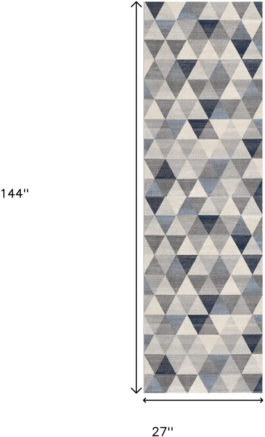 12' Blue And Beige Geometric Runner Rug Photo 3