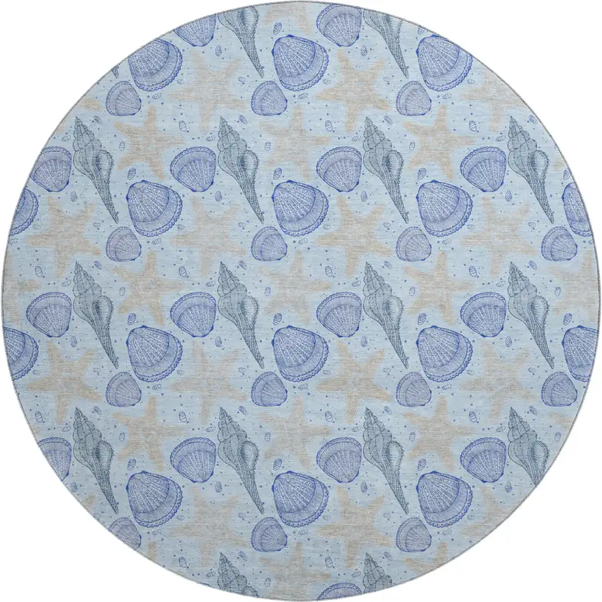 8' Blue And Beige Geometric Washable Round Rug With UV Protection Photo 1