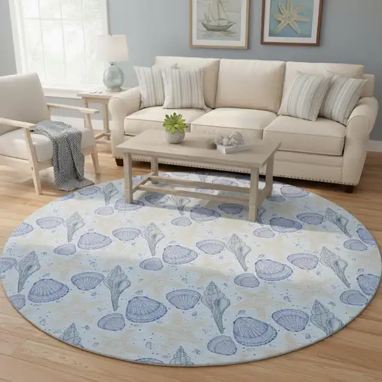 8' Blue And Beige Geometric Washable Round Rug With UV Protection Photo 1