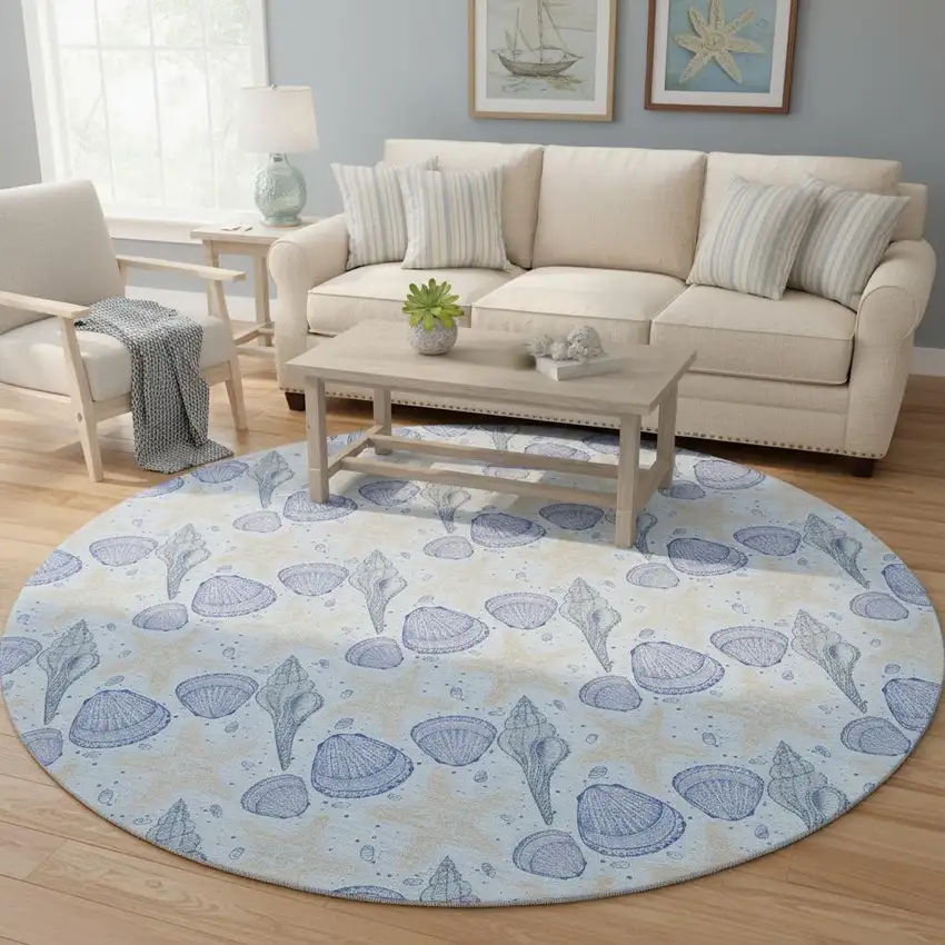 8' Blue And Beige Geometric Washable Round Rug With UV Protection Photo 1
