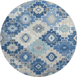 Photo of 8' Blue And Beige Geometric Washable Round Rug With UV Protection