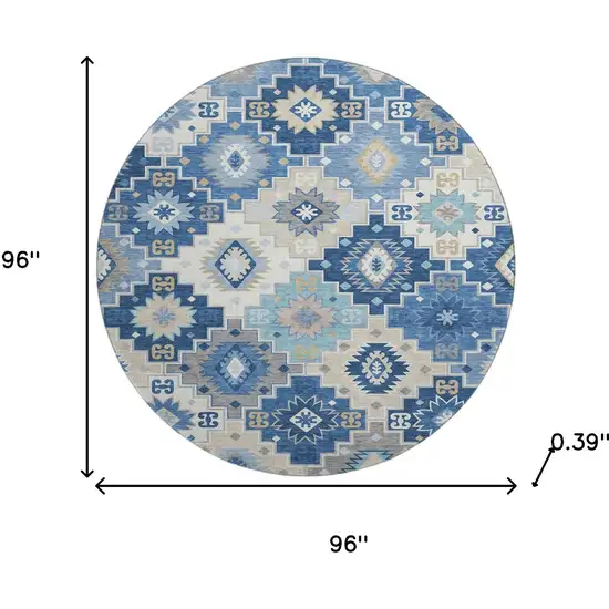 8' Blue And Beige Geometric Washable Round Rug With UV Protection Photo 8