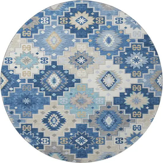 8' Blue And Beige Geometric Washable Round Rug With UV Protection Photo 4