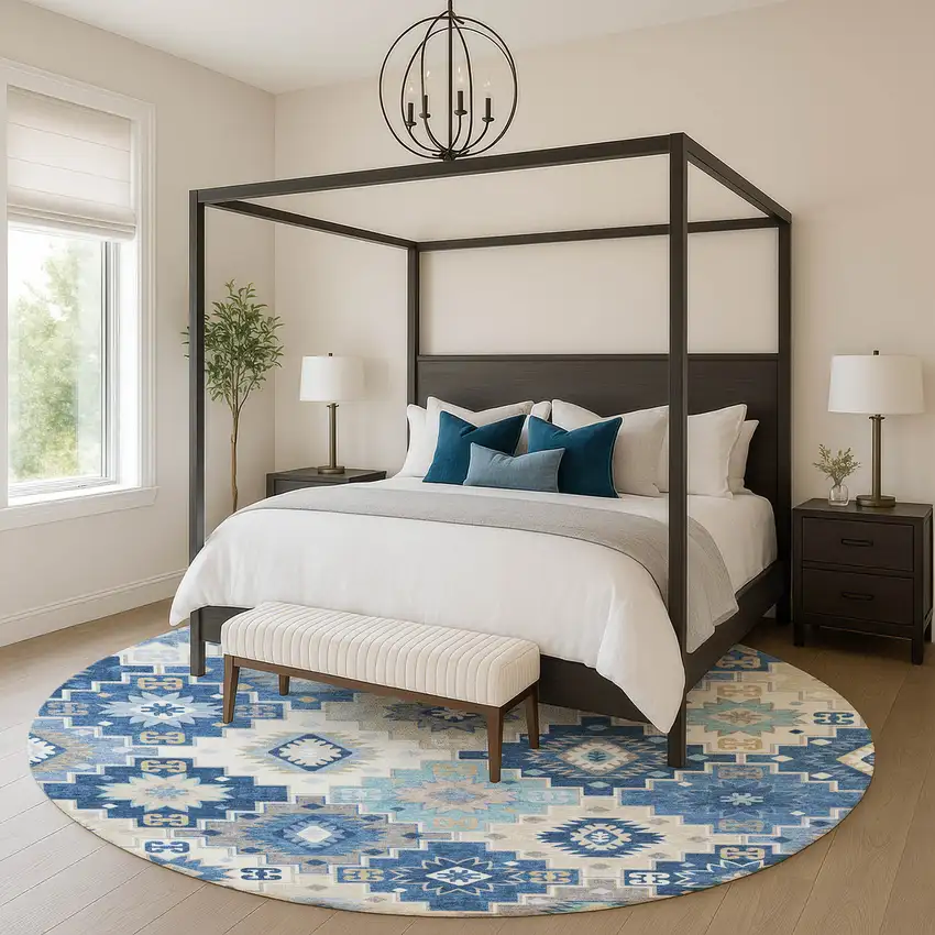 8' Blue And Beige Geometric Washable Round Rug With UV Protection Photo 5