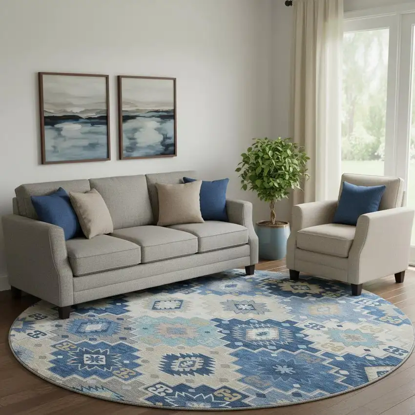 8' Blue And Beige Geometric Washable Round Rug With UV Protection Photo 2