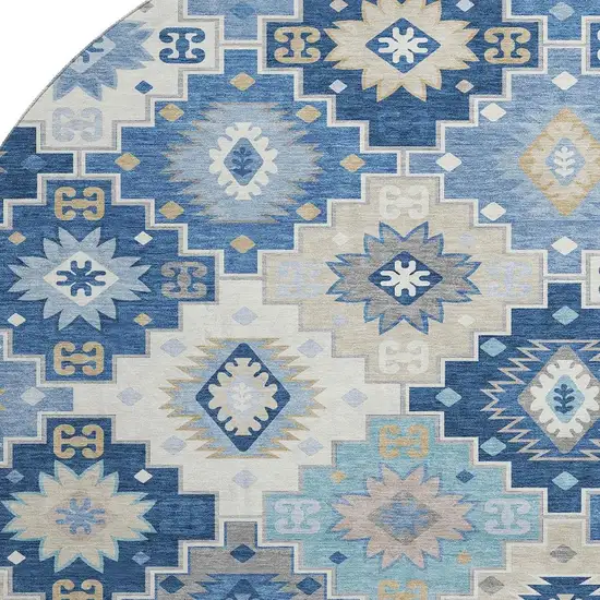 8' Blue And Beige Geometric Washable Round Rug With UV Protection Photo 3