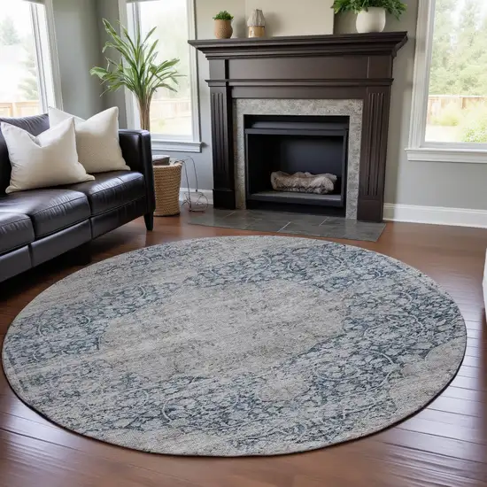 8' Blue And Beige Medallion Washable Round Rug With UV Protection Photo 4