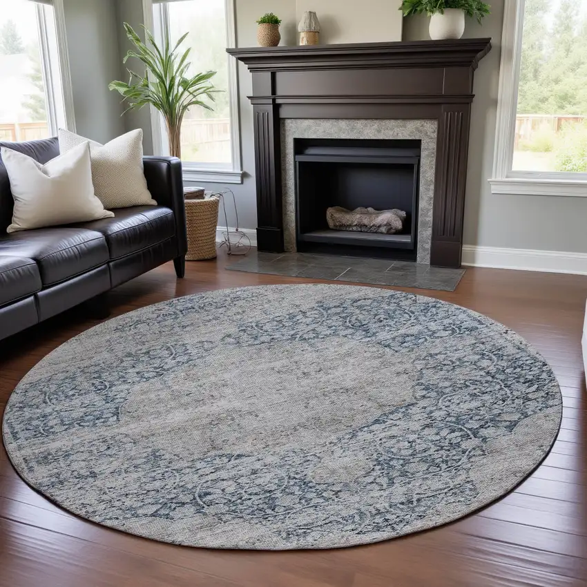 8' Blue And Beige Medallion Washable Round Rug With UV Protection Photo 4