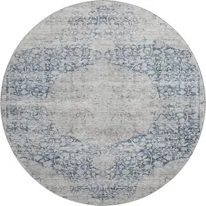 Photo of 8' Blue And Beige Medallion Washable Round Rug With UV Protection