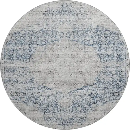 8' Blue And Beige Medallion Washable Round Rug With UV Protection Photo 1