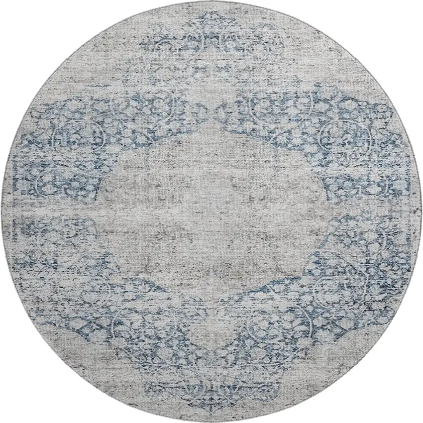 8' Blue And Beige Medallion Washable Round Rug With UV Protection Photo 1