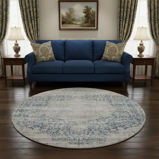8' Blue And Beige Medallion Washable Round Rug With UV Protection Photo 2