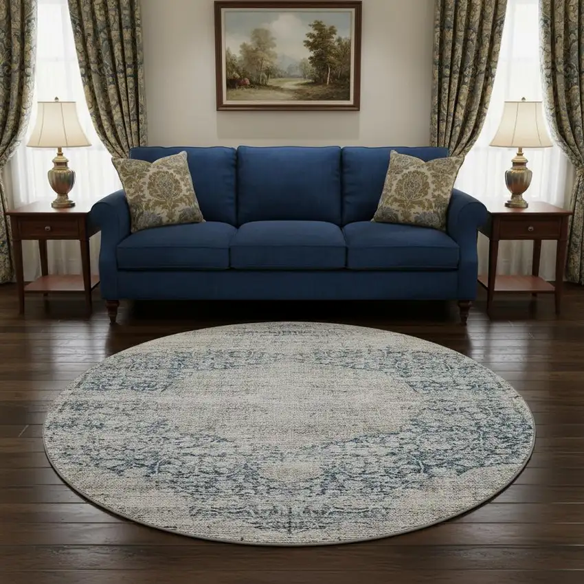 8' Blue And Beige Medallion Washable Round Rug With UV Protection Photo 2