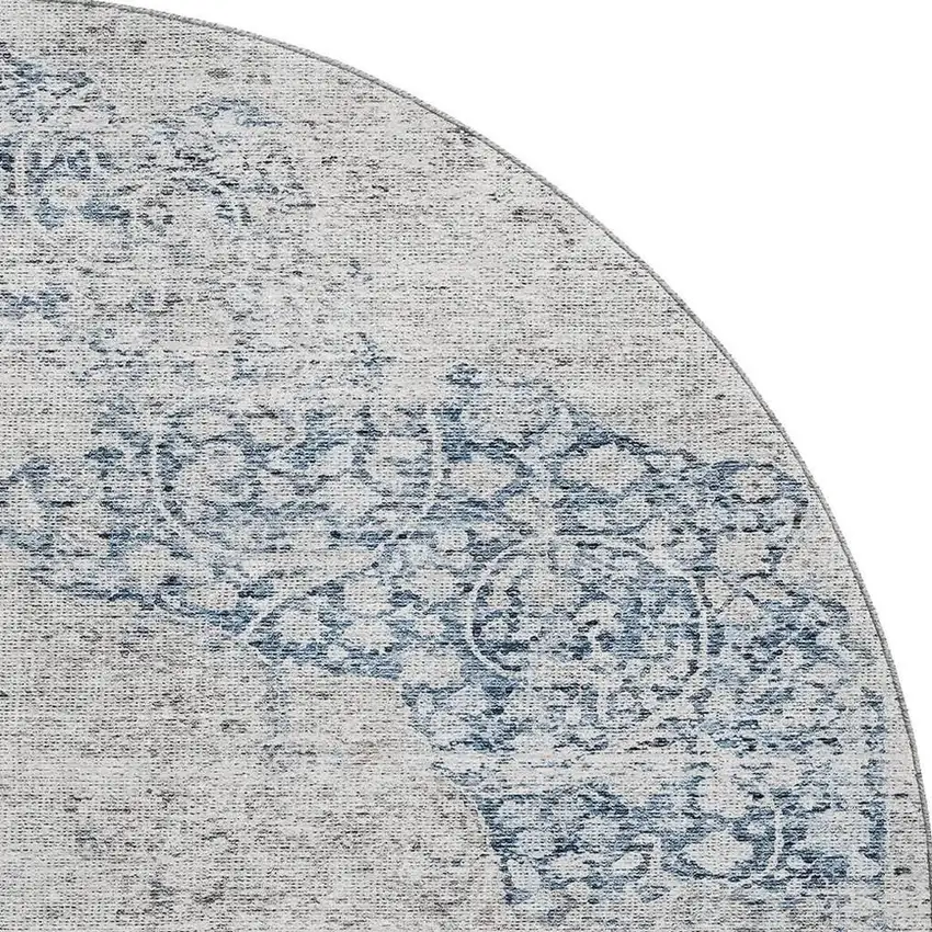 8' Blue And Beige Medallion Washable Round Rug With UV Protection Photo 2