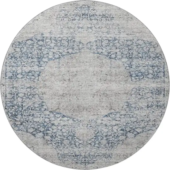 8' Blue And Beige Medallion Washable Round Rug With UV Protection Photo 3