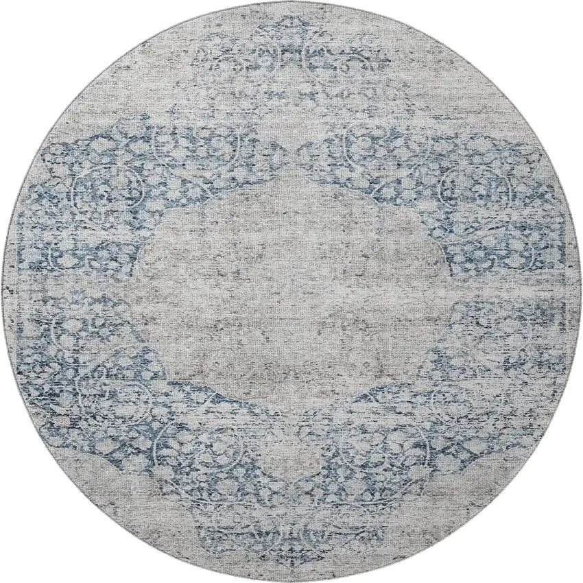 8' Blue And Beige Medallion Washable Round Rug With UV Protection Photo 3
