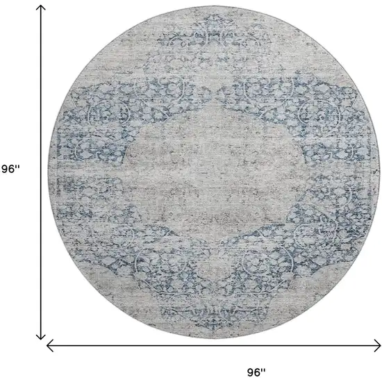8' Blue And Beige Medallion Washable Round Rug With UV Protection Photo 9