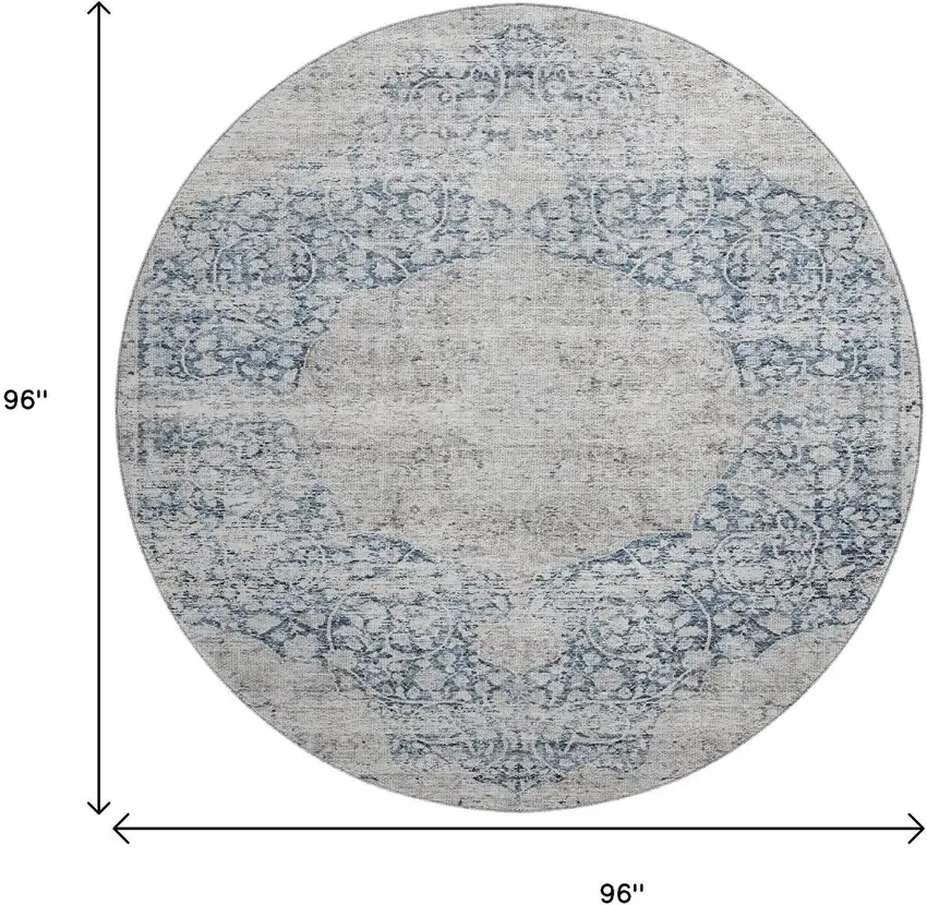 8' Blue And Beige Medallion Washable Round Rug With UV Protection Photo 9
