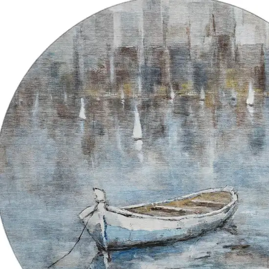 8' Blue And Beige Nautical Washable Round Rug With UV Protection Photo 3