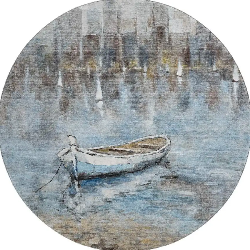 8' Blue And Beige Nautical Washable Round Rug With UV Protection Photo 4