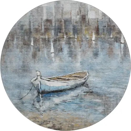 8' Blue And Beige Nautical Washable Round Rug With UV Protection Photo 1