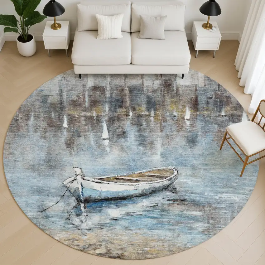 8' Blue And Beige Nautical Washable Round Rug With UV Protection Photo 5