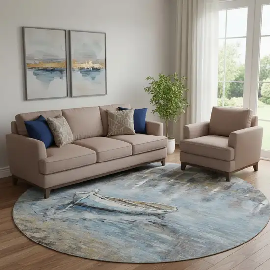 8' Blue And Beige Nautical Washable Round Rug With UV Protection Photo 2