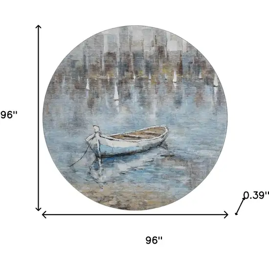 8' Blue And Beige Nautical Washable Round Rug With UV Protection Photo 8