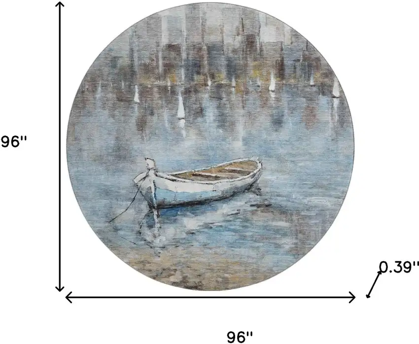 8' Blue And Beige Nautical Washable Round Rug With UV Protection Photo 8