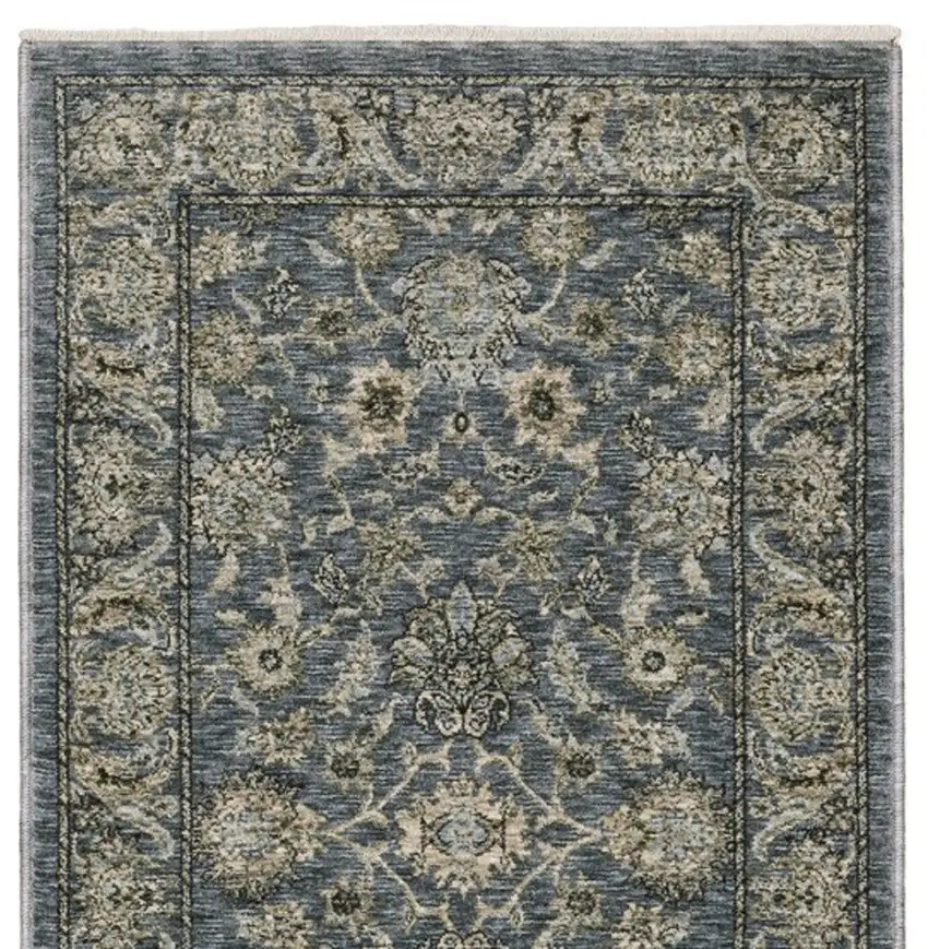 8' Blue And Beige Oriental Runner Rug With Fringe Photo 4