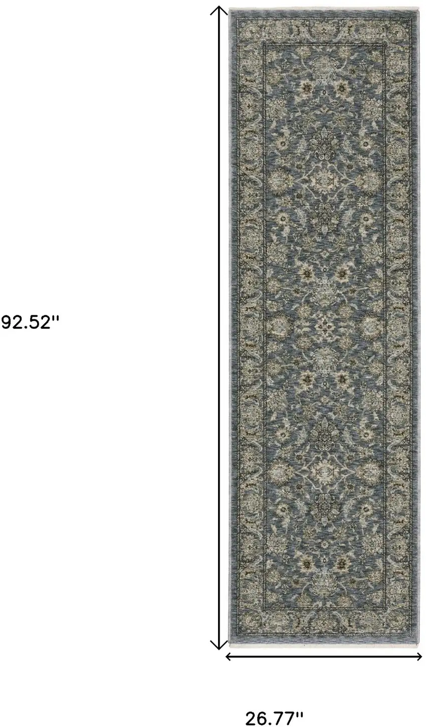 8' Blue And Beige Oriental Runner Rug With Fringe Photo 3