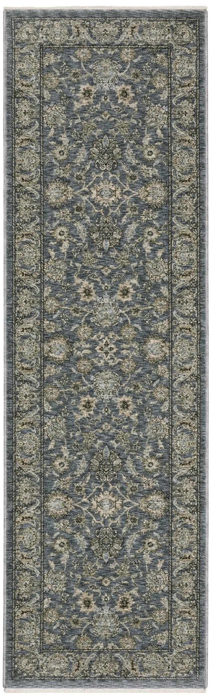 8' Blue And Beige Oriental Runner Rug With Fringe Photo 2
