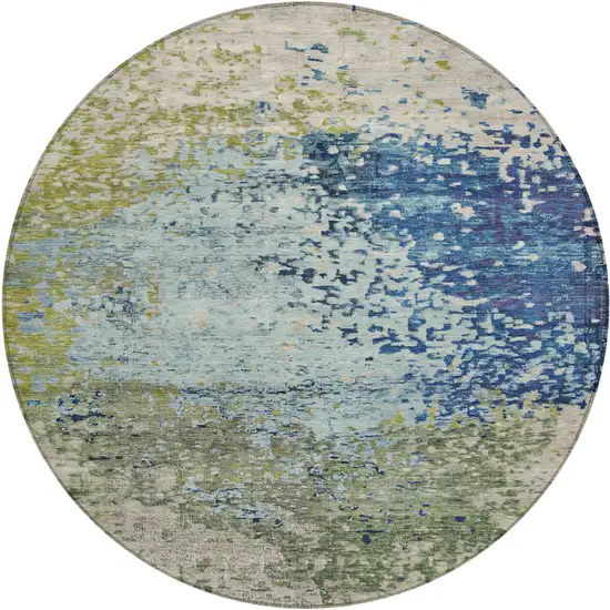 8' Blue And Beige Round Abstract Washable Indoor Outdoor Area Rug Photo 1