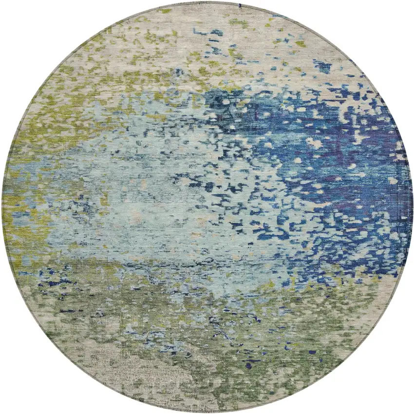 8' Blue And Beige Round Abstract Washable Indoor Outdoor Area Rug Photo 1