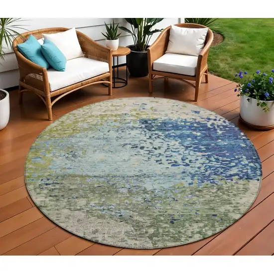 8' Blue And Beige Round Abstract Washable Indoor Outdoor Area Rug Photo 2