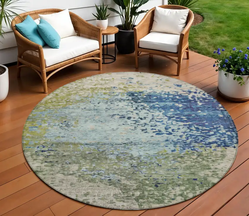 8' Blue And Beige Round Abstract Washable Indoor Outdoor Area Rug Photo 2
