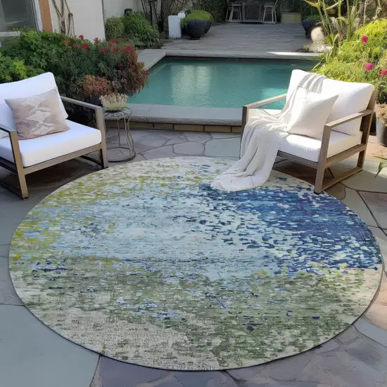 8' Blue And Beige Round Abstract Washable Indoor Outdoor Area Rug Photo 5