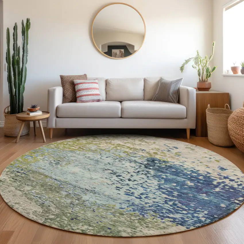 8' Blue And Beige Round Abstract Washable Indoor Outdoor Area Rug Photo 6