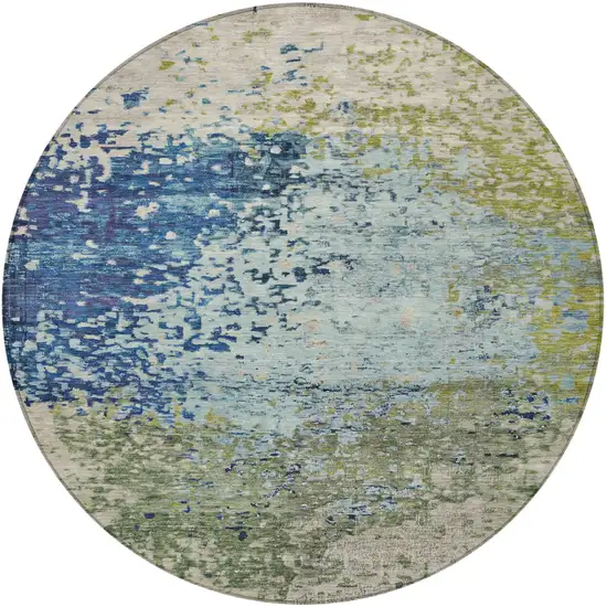 8' Blue And Beige Round Abstract Washable Indoor Outdoor Area Rug Photo 3