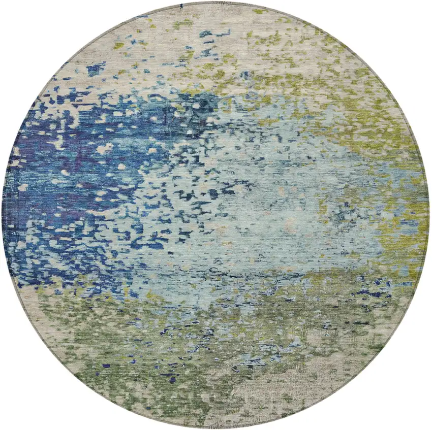 8' Blue And Beige Round Abstract Washable Indoor Outdoor Area Rug Photo 3